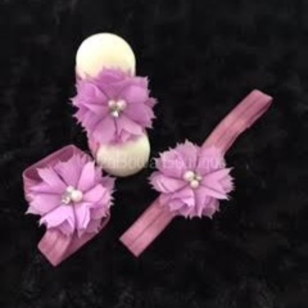 Spike Chiffon Flower Barefoot Sandals & Headband Set  HAND CRAFTED  (2)  4SET812